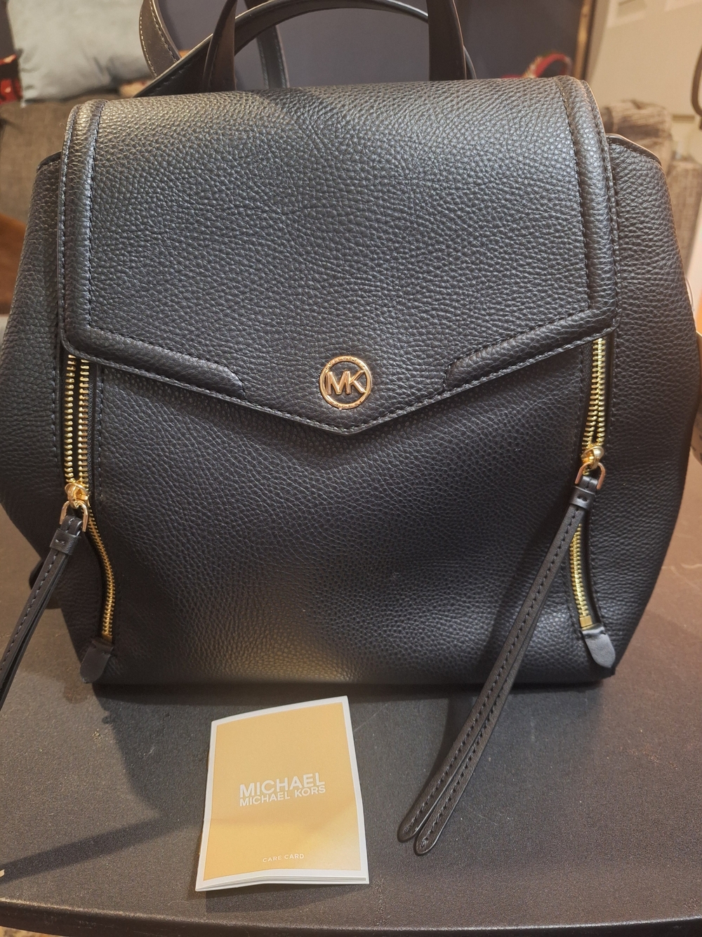 Michael Kors Black Pebbled Leather Mini Backpack with Gold Accents